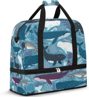 Cartoon Marine Aquatic Grass Whale Travel Duffle Bag, Large Sports Gym Bag with Shoe Compartment, Carry on Tote Bag, Foldable Weekender Overnight Bag for Women Men