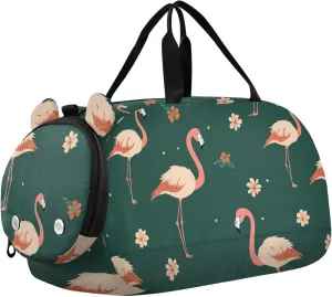 Cartoon Sweet Flamingo Green Girl's Gym Duffel Bag with Shoes Compartment Large Capacity Sports Overnight Travel Bag for Beach Swim Bags Pool Sports