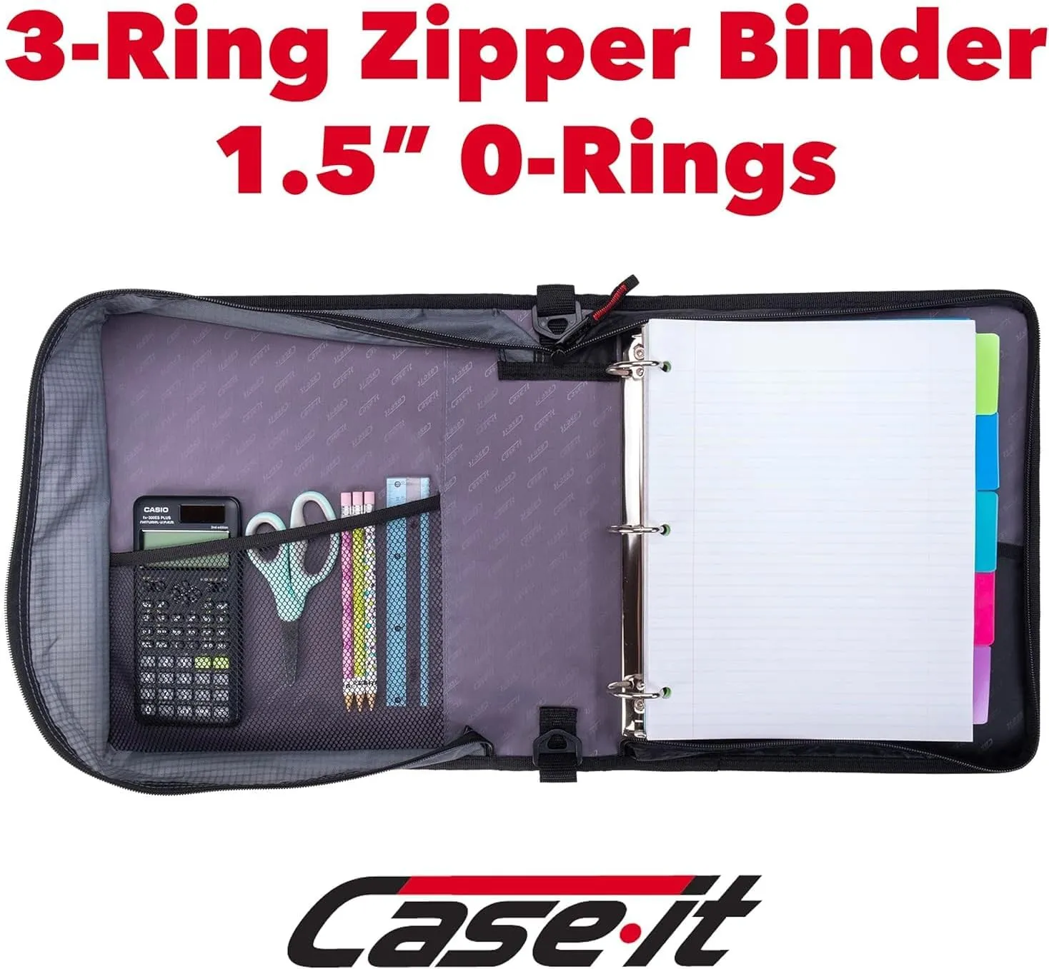 Case-it The Universal 2.0 Zipper Binder -1.5 Inch O-Ring - Removable Padded Pocket Holds Up to 13" Laptop/Tablet - Multiple Pockets - 325 Page Capacity - Comes with Shoulder Strap - Fire Red LT-207