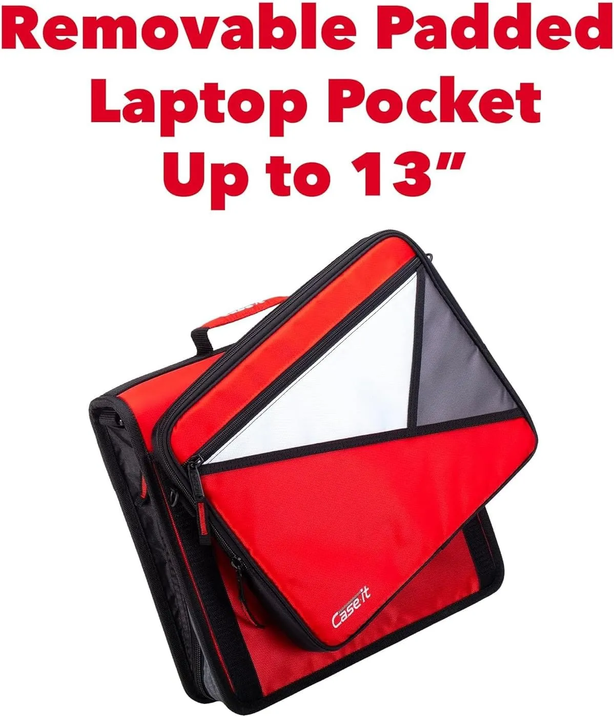Case-it The Universal 2.0 Zipper Binder -1.5 Inch O-Ring - Removable Padded Pocket Holds Up to 13" Laptop/Tablet - Multiple Pockets - 325 Page Capacity - Comes with Shoulder Strap - Fire Red LT-207