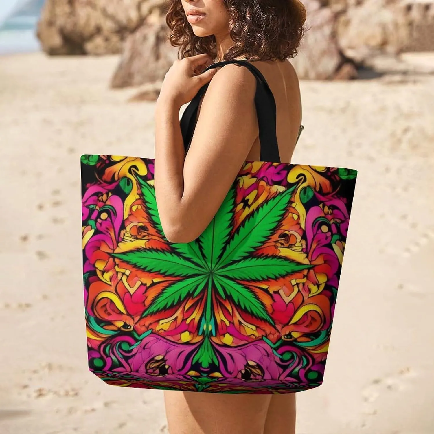 Casual Grocery Shopping Bag, Portable Beach Shoulder Bags Reusable Tote Bag for Travel Office