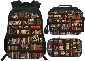 Cats Backpack Set for Girls 3PCS Book School Bag with Lunch Box Pencil Case Cat Kid Backpacks Toddler Elementary Bookbag 16 Inch