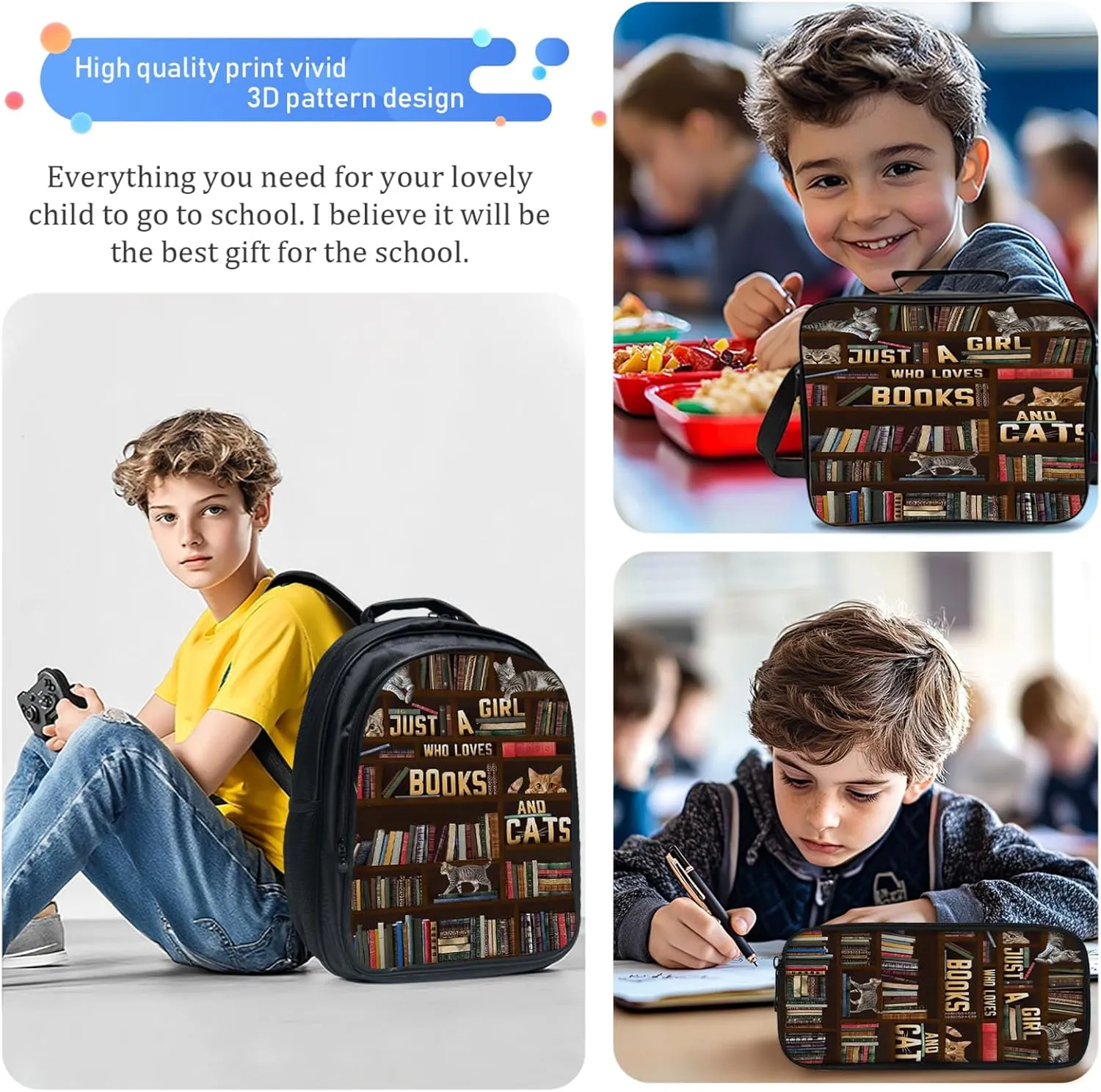 Cats Backpack Set for Girls 3PCS Book School Bag with Lunch Box Pencil Case Cat Kid Backpacks Toddler Elementary Bookbag 16 Inch