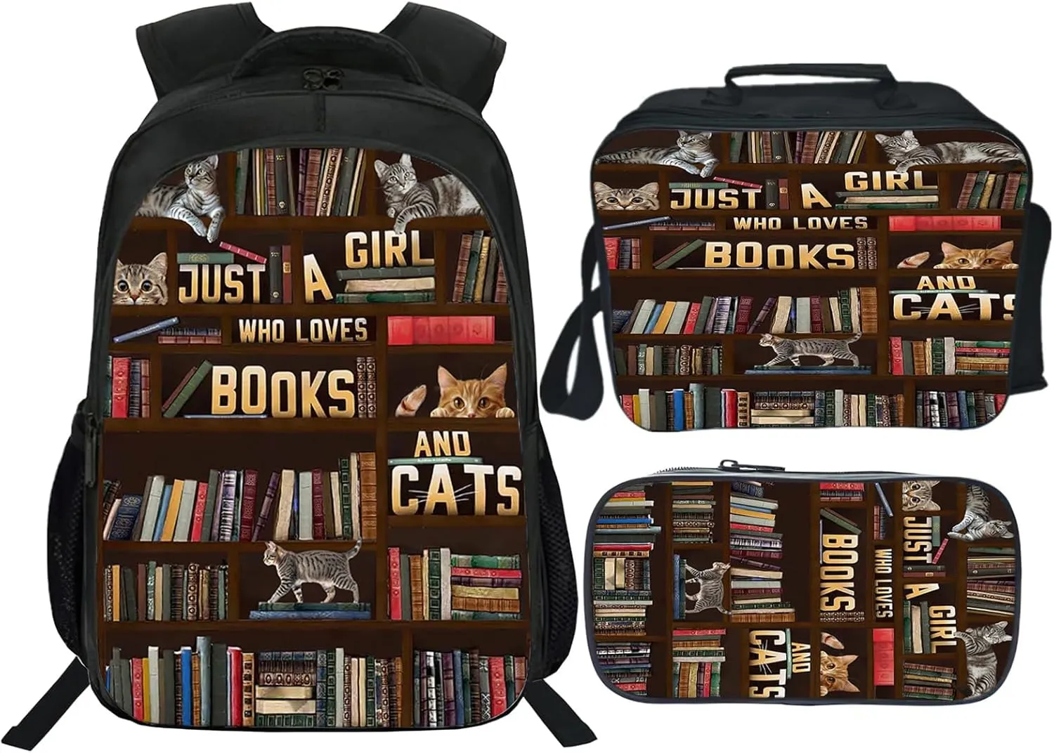 Cats Backpack Set for Girls 3PCS Book School Bag with Lunch Box Pencil Case Cat Kid Backpacks Toddler Elementary Bookbag 16 Inch