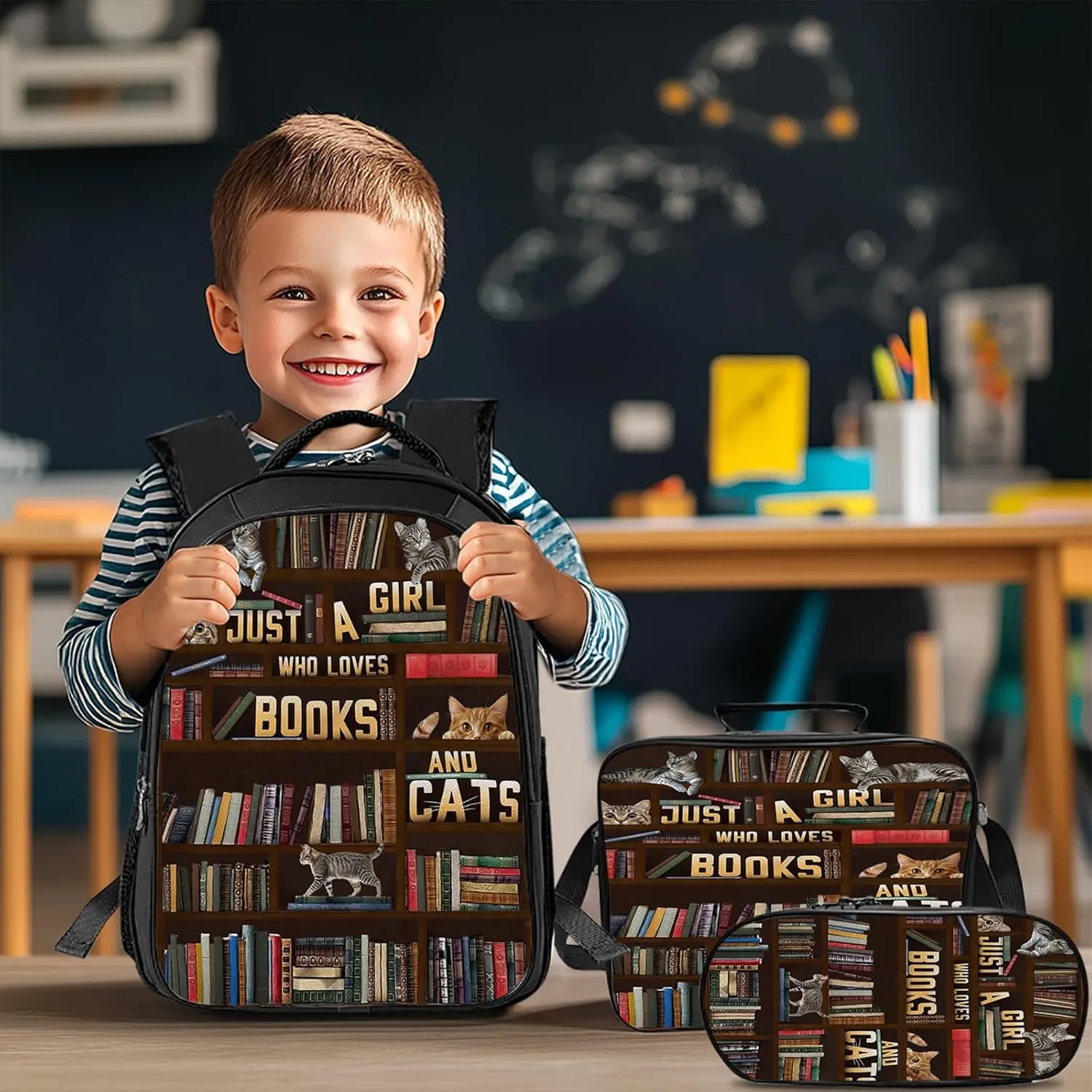 Cats Backpack Set for Girls 3PCS Book School Bag with Lunch Box Pencil Case Cat Kid Backpacks Toddler Elementary Bookbag 16 Inch