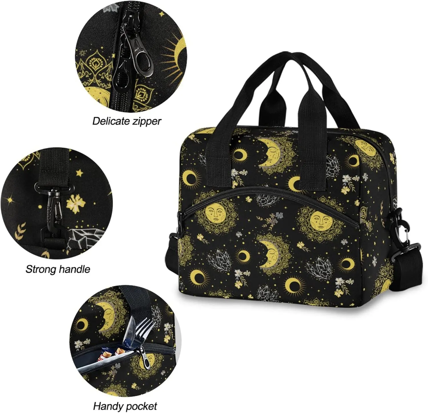 CBBYY Moon Star Mystic Sun Face Lunch Bags for Women Men, Reusable Insulated Lunch Box, Adjustable Shoulder Straps Tote Lunch Bag for Work Picnic School