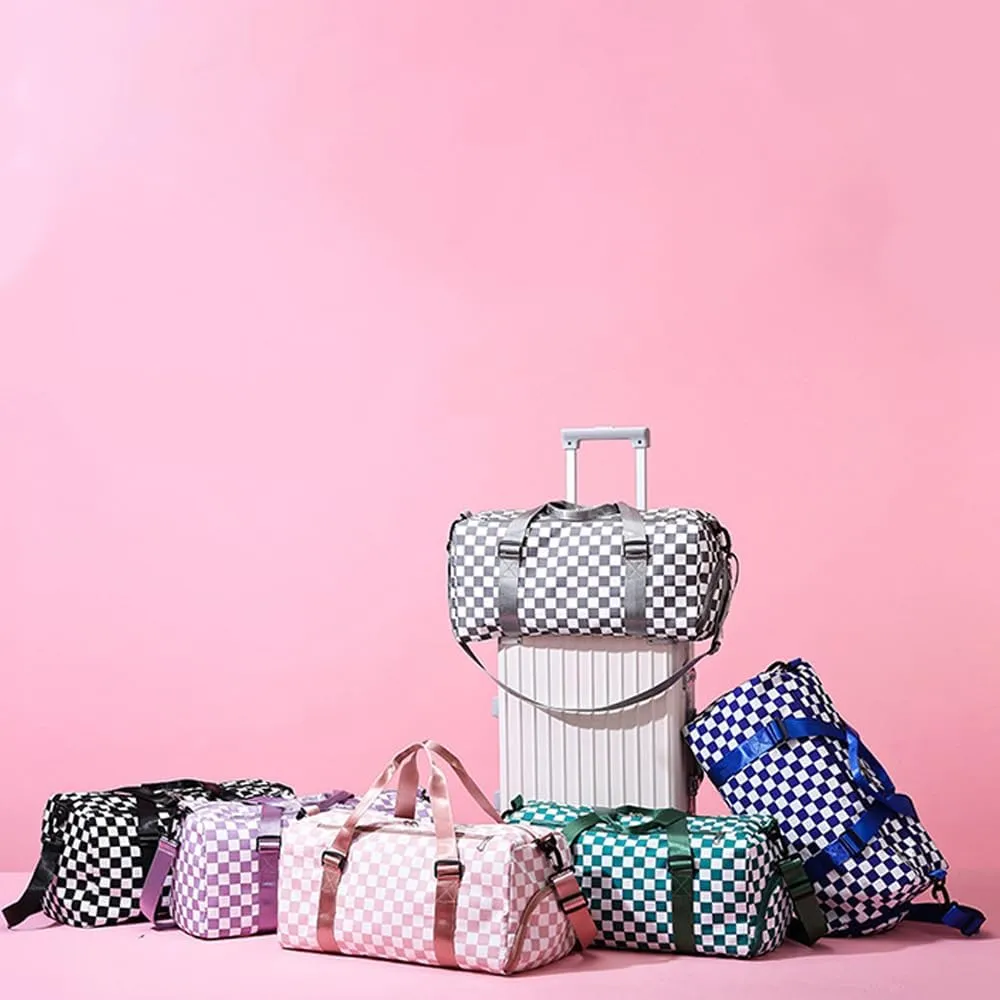 Checkered Sports Duffel Bags for Women/Men, Gym Bag with Shoes Compartment & Wet Pocket, Dance Bag for Girls, Overnight Bag Weekend Travel Bag (blue)