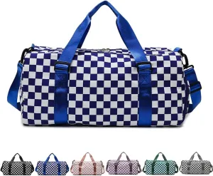 Checkered Sports Duffel Bags for Women/Men, Gym Bag with Shoes Compartment & Wet Pocket, Dance Bag for Girls, Overnight Bag Weekend Travel Bag (blue)