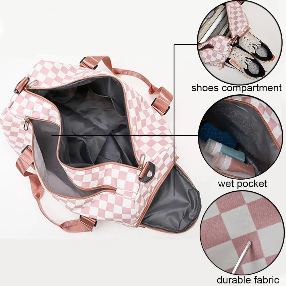 Checkered Sports Duffel Bags for Women/Men, Gym Bag with Shoes Compartment & Wet Pocket, Dance Bag for Girls, Overnight Bag Weekend Travel Bag (blue)