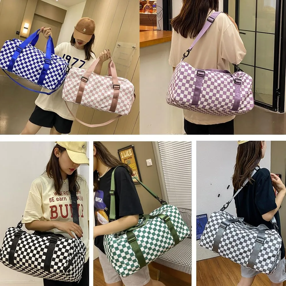 Checkered Sports Duffel Bags for Women/Men, Gym Bag with Shoes Compartment & Wet Pocket, Dance Bag for Girls, Overnight Bag Weekend Travel Bag (blue)
