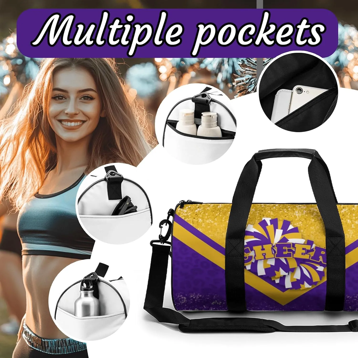 Cheer Duffle Bag for Cheerleaders, Cheerleading Gym Bag for Women, Travel Bag Duffel Bag, Carry on Weekender Bag (Gold&Purple)