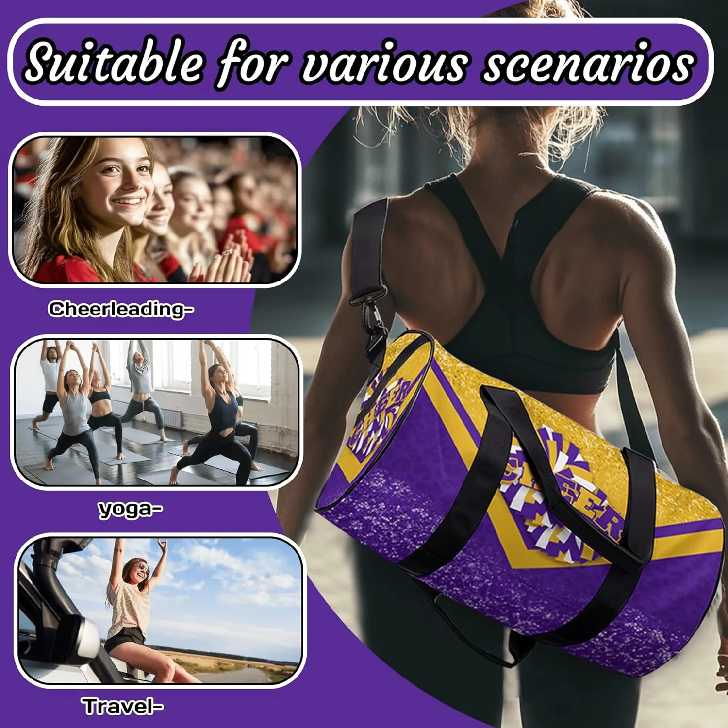 Cheer Duffle Bag for Cheerleaders, Cheerleading Gym Bag for Women, Travel Bag Duffel Bag, Carry on Weekender Bag (Gold&Purple)