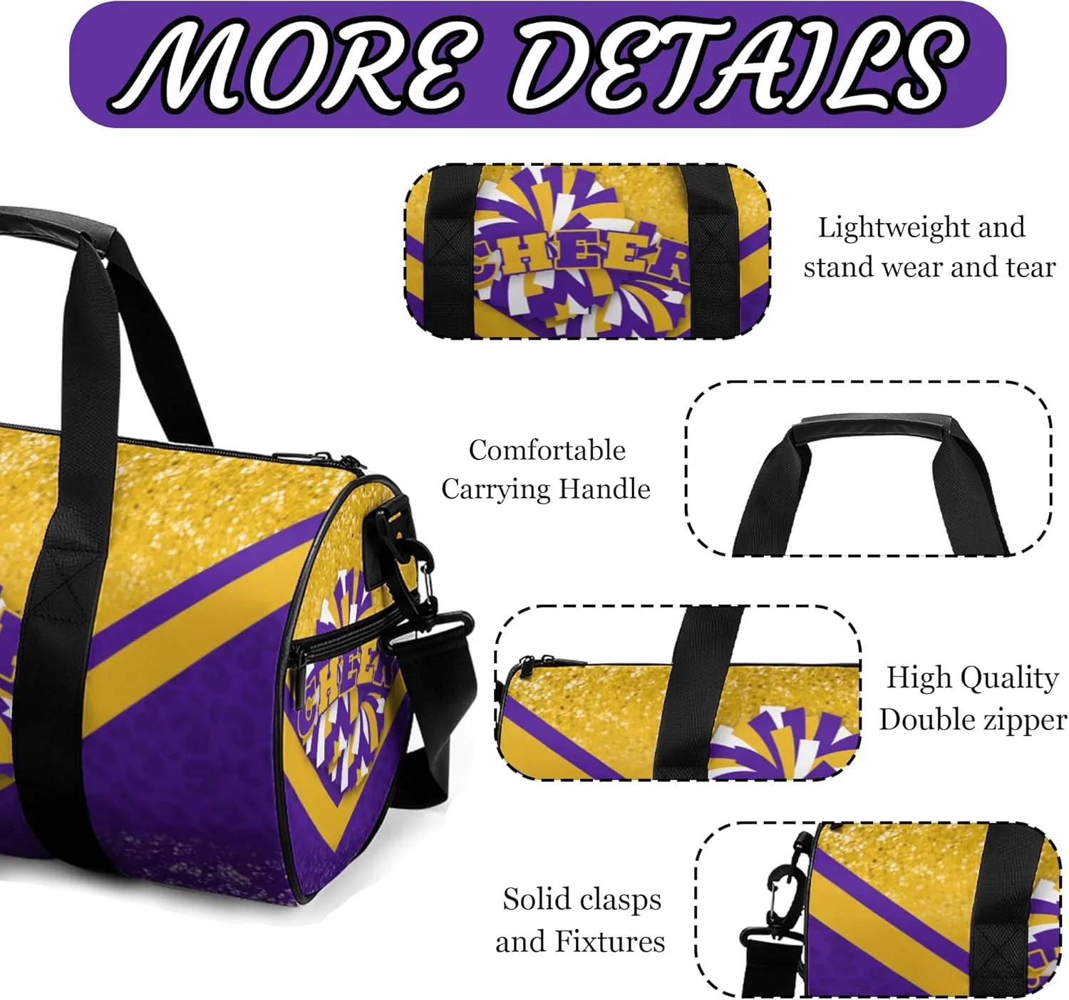 Cheer Duffle Bag for Cheerleaders, Cheerleading Gym Bag for Women, Travel Bag Duffel Bag, Carry on Weekender Bag (Gold&Purple)