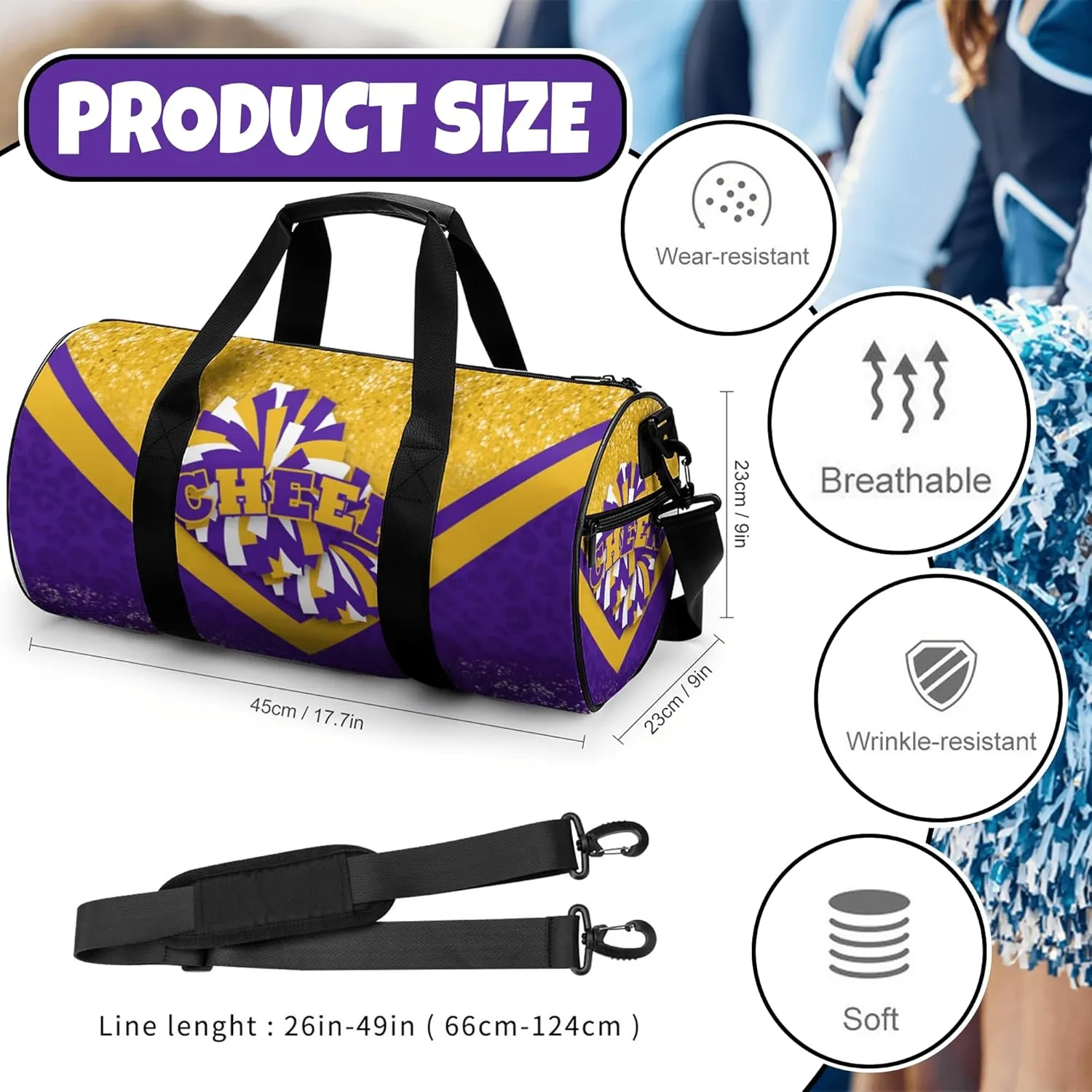 Cheer Duffle Bag for Cheerleaders, Cheerleading Gym Bag for Women, Travel Bag Duffel Bag, Carry on Weekender Bag (Gold&Purple)