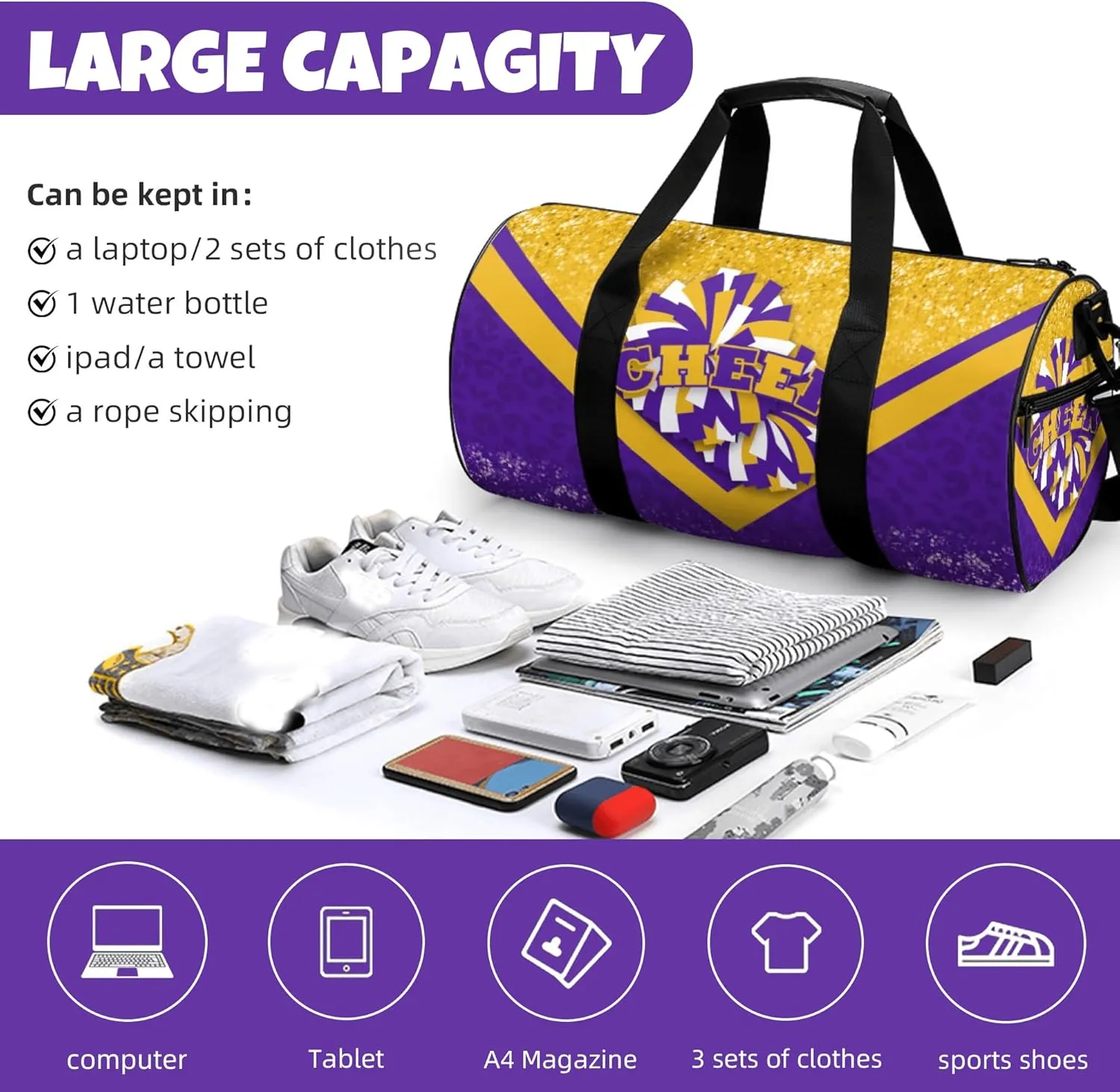 Cheer Duffle Bag for Cheerleaders, Cheerleading Gym Bag for Women, Travel Bag Duffel Bag, Carry on Weekender Bag (Gold&Purple)