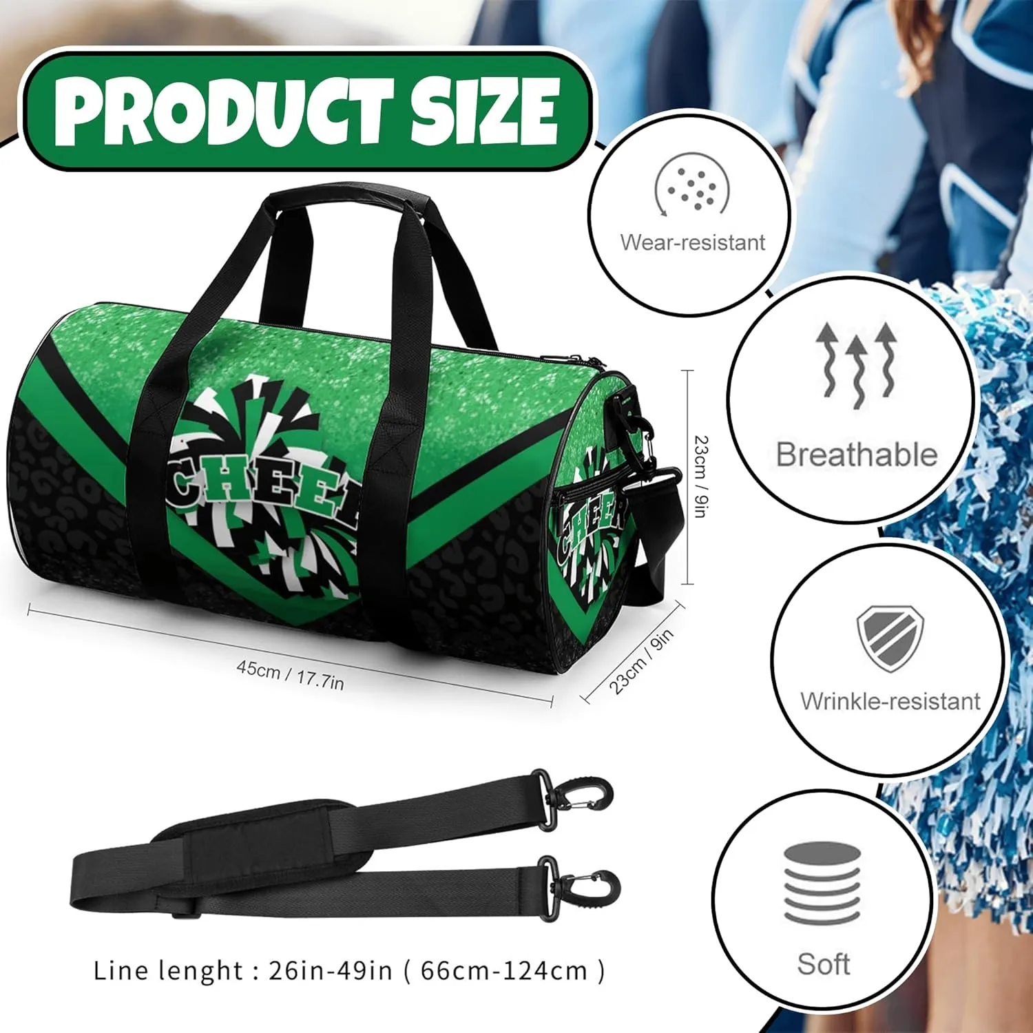 Cheer Duffle Bag for Cheerleaders, Cheerleading Gym Bag for Women, Travel Bag Duffel Bag, Carry on Weekender Bag (Green&Black)