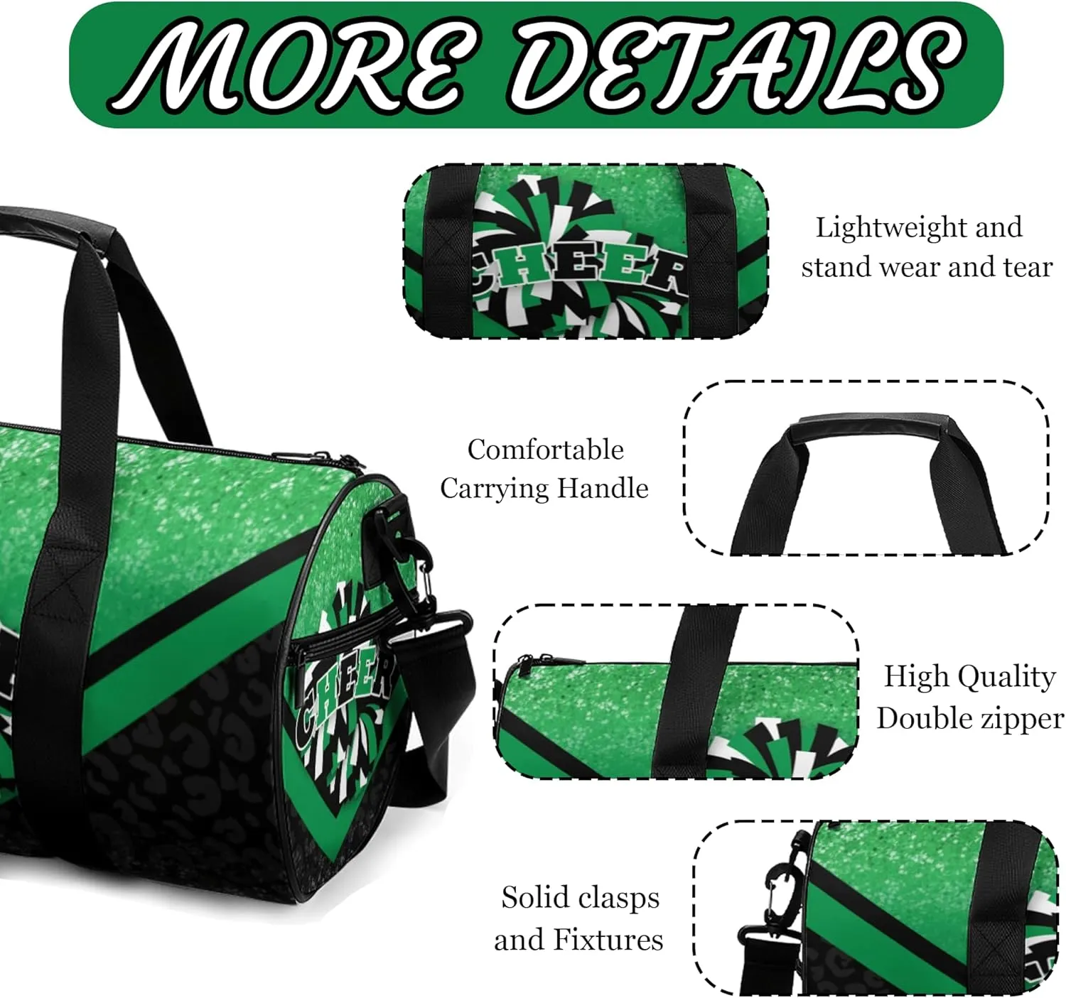 Cheer Duffle Bag for Cheerleaders, Cheerleading Gym Bag for Women, Travel Bag Duffel Bag, Carry on Weekender Bag (Green&Black)