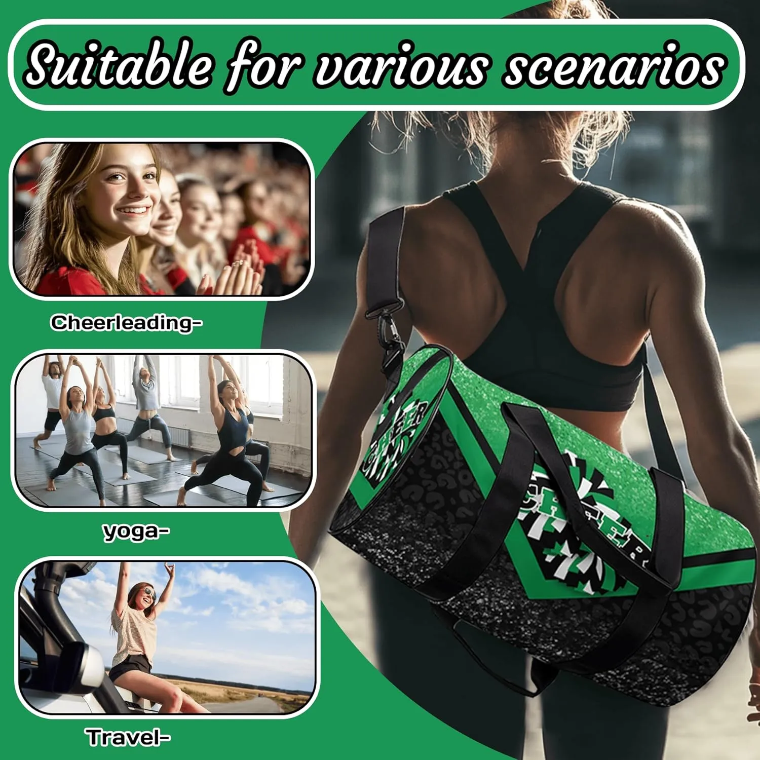 Cheer Duffle Bag for Cheerleaders, Cheerleading Gym Bag for Women, Travel Bag Duffel Bag, Carry on Weekender Bag (Green&Black)