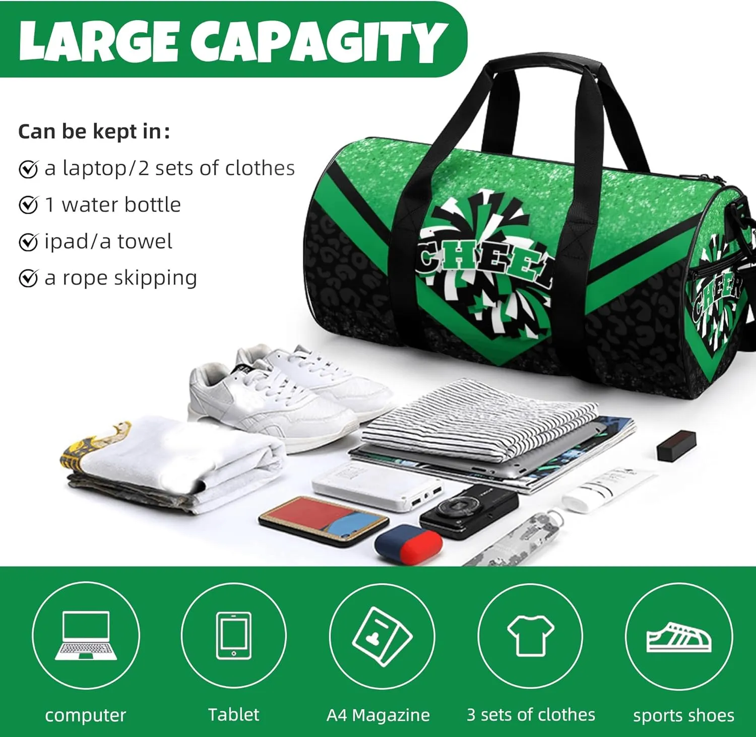 Cheer Duffle Bag for Cheerleaders, Cheerleading Gym Bag for Women, Travel Bag Duffel Bag, Carry on Weekender Bag (Green&Black)