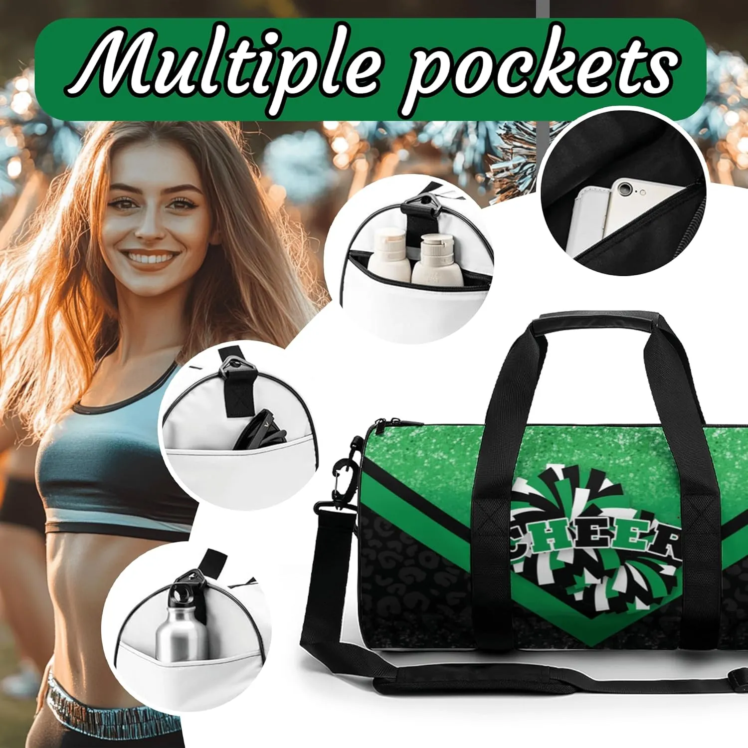 Cheer Duffle Bag for Cheerleaders, Cheerleading Gym Bag for Women, Travel Bag Duffel Bag, Carry on Weekender Bag (Green&Black)