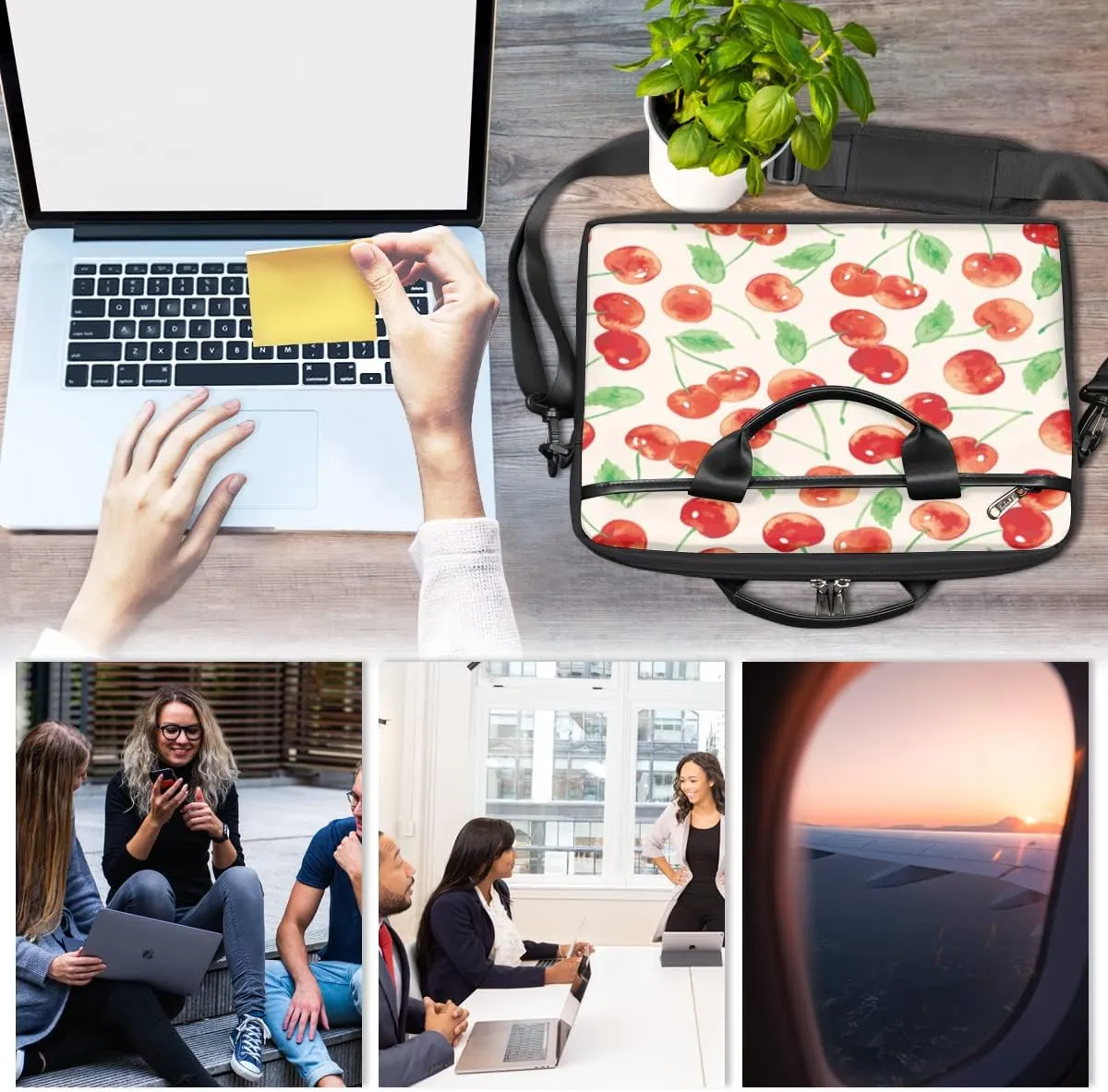 Cherry Blossom Cat Kitten Laptop Shoulder Messenger Bag Waterproof Laptop Briefcase Handle Padded Strap