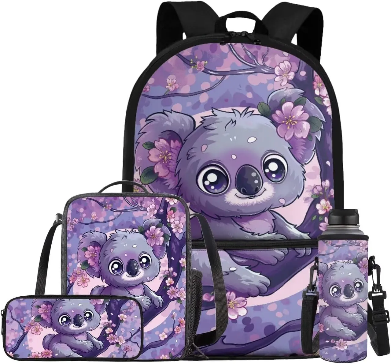 Cherry Blossom Koala Bookbags for 5Th Grade Girls Backpack and Lunch Bag Set for Girls with Pencil Case Water Bottle Sleeve 4Pcs Set Bookbag for Students Going To School