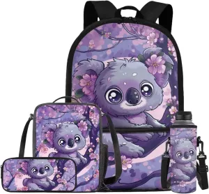 Cherry Blossom Koala Bookbags for 5Th Grade Girls Backpack and Lunch Bag Set for Girls with Pencil Case Water Bottle Sleeve 4Pcs Set Bookbag for Students Going To School