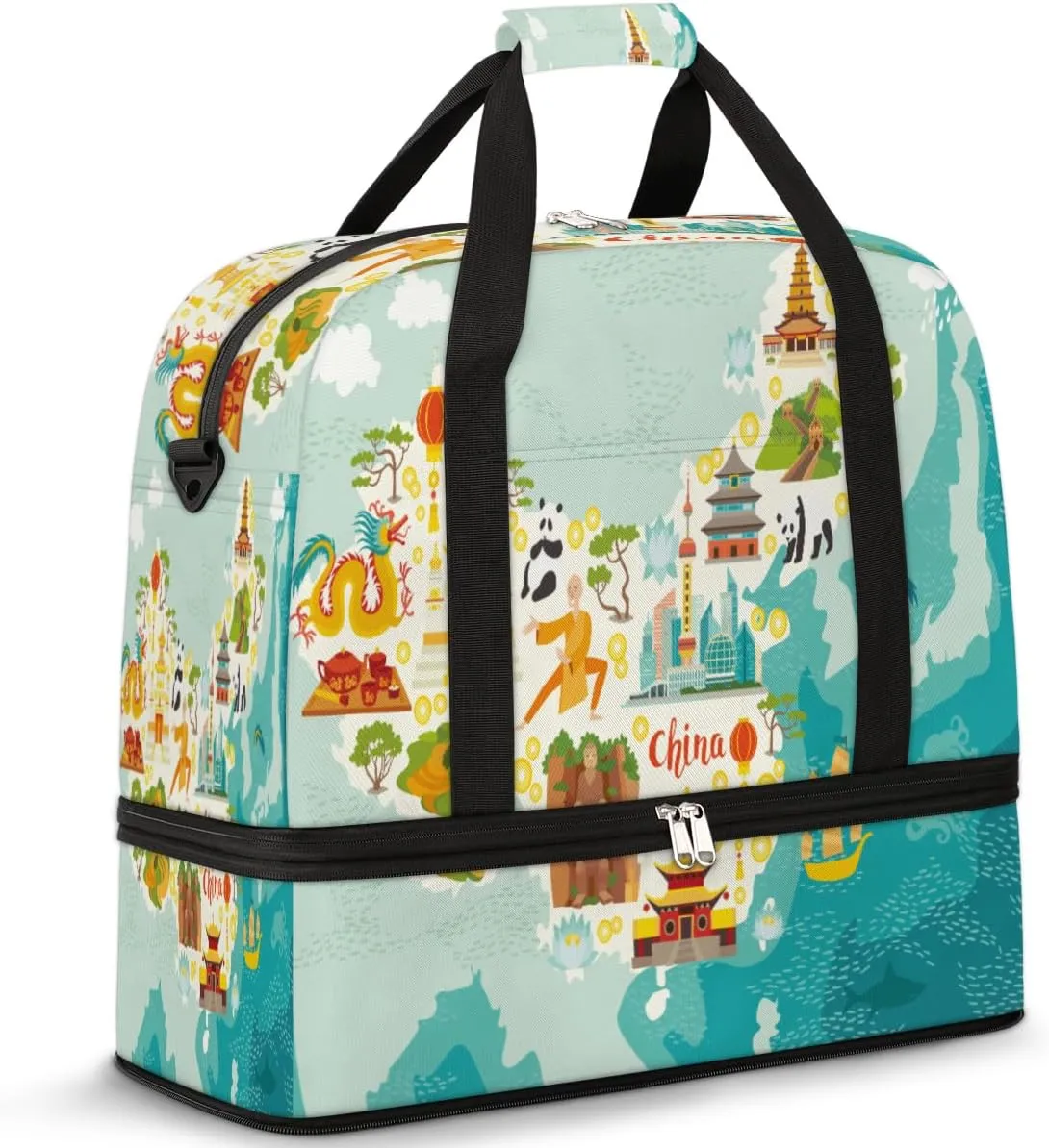 China Map With Symbols Travel Duffle Bag, Large Sports Gym Bag with Shoe Compartment, Waterproof Carry on Tote Bag, Foldable Weekender Overnight Bag for Women Men