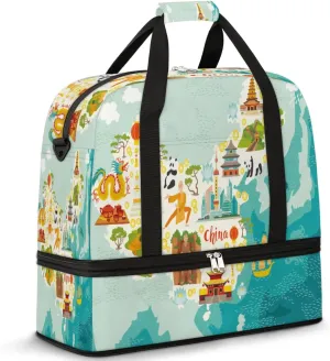 China Map With Symbols Travel Duffle Bag, Large Sports Gym Bag with Shoe Compartment, Waterproof Carry on Tote Bag, Foldable Weekender Overnight Bag for Women Men