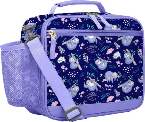 Choco Mocha Sloth Purple Lunch Box for Kids, School Girls Lunch Bag with Shoulder Strap