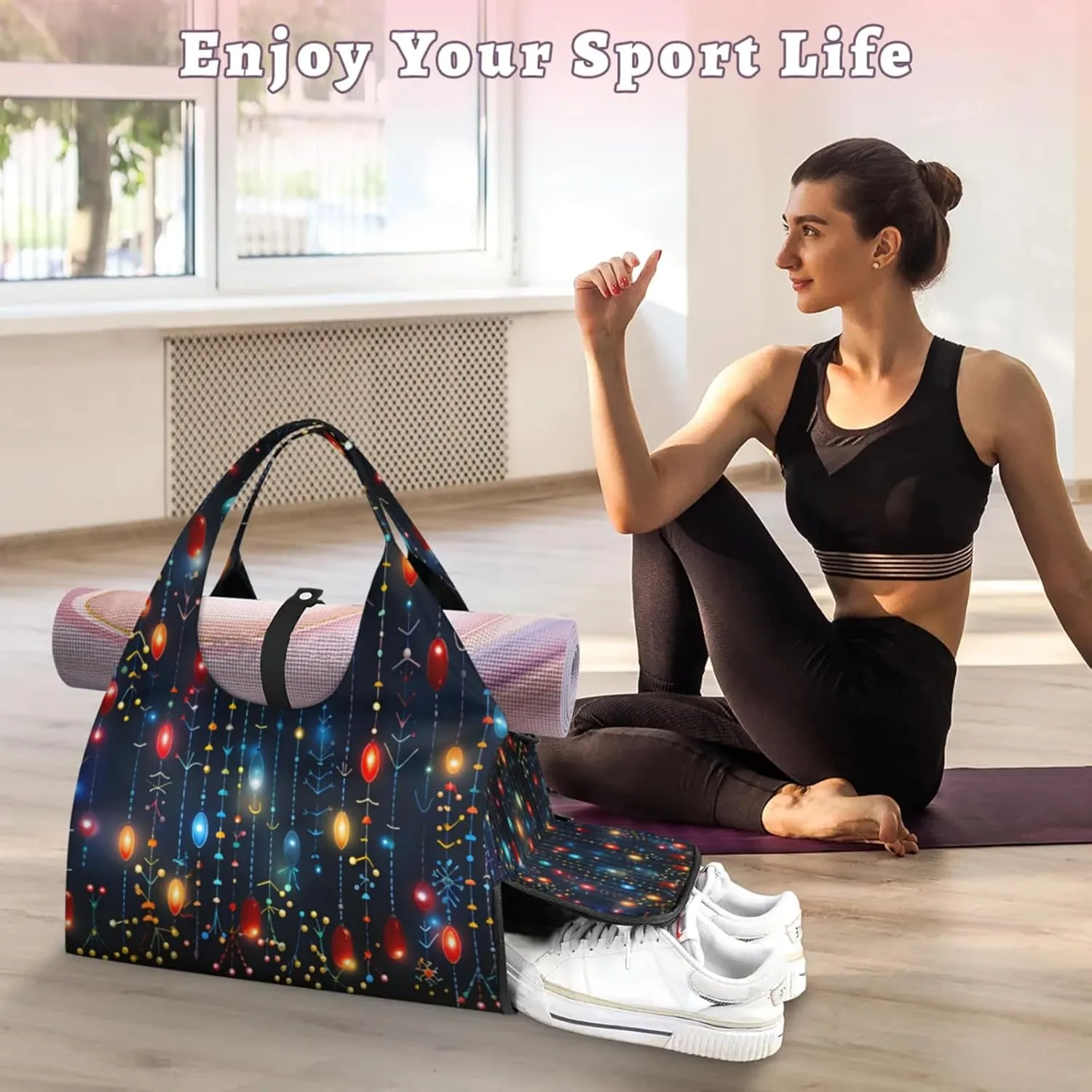 Christmas Decorations Lights Gym Bag Yoga Mat Tote for Women with Shoes Compartment Lightweight Duffle Travel Carrier Wet Dry Storage Pockets Adjustable Pilates Mats Shoulder Bags for Sport Swim