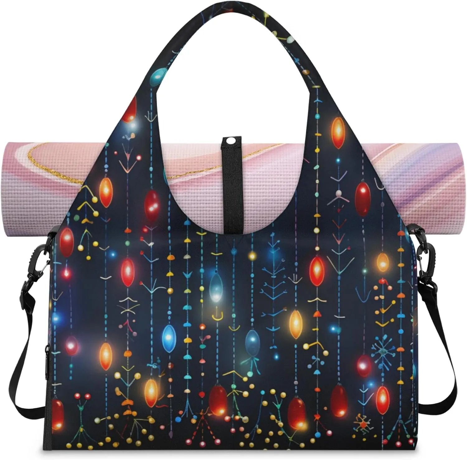 Christmas Decorations Lights Gym Bag Yoga Mat Tote for Women with Shoes Compartment Lightweight Duffle Travel Carrier Wet Dry Storage Pockets Adjustable Pilates Mats Shoulder Bags for Sport Swim