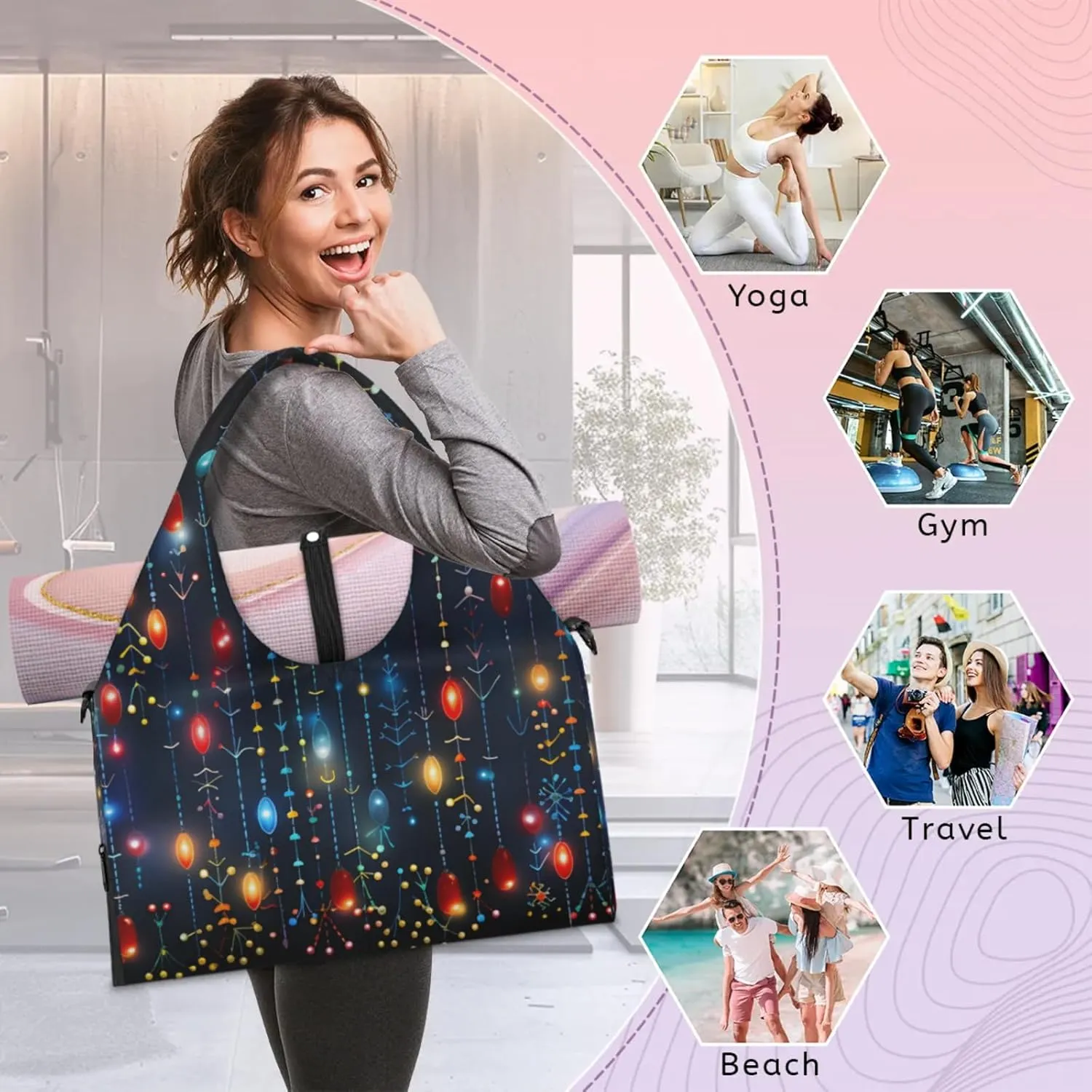Christmas Decorations Lights Gym Bag Yoga Mat Tote for Women with Shoes Compartment Lightweight Duffle Travel Carrier Wet Dry Storage Pockets Adjustable Pilates Mats Shoulder Bags for Sport Swim
