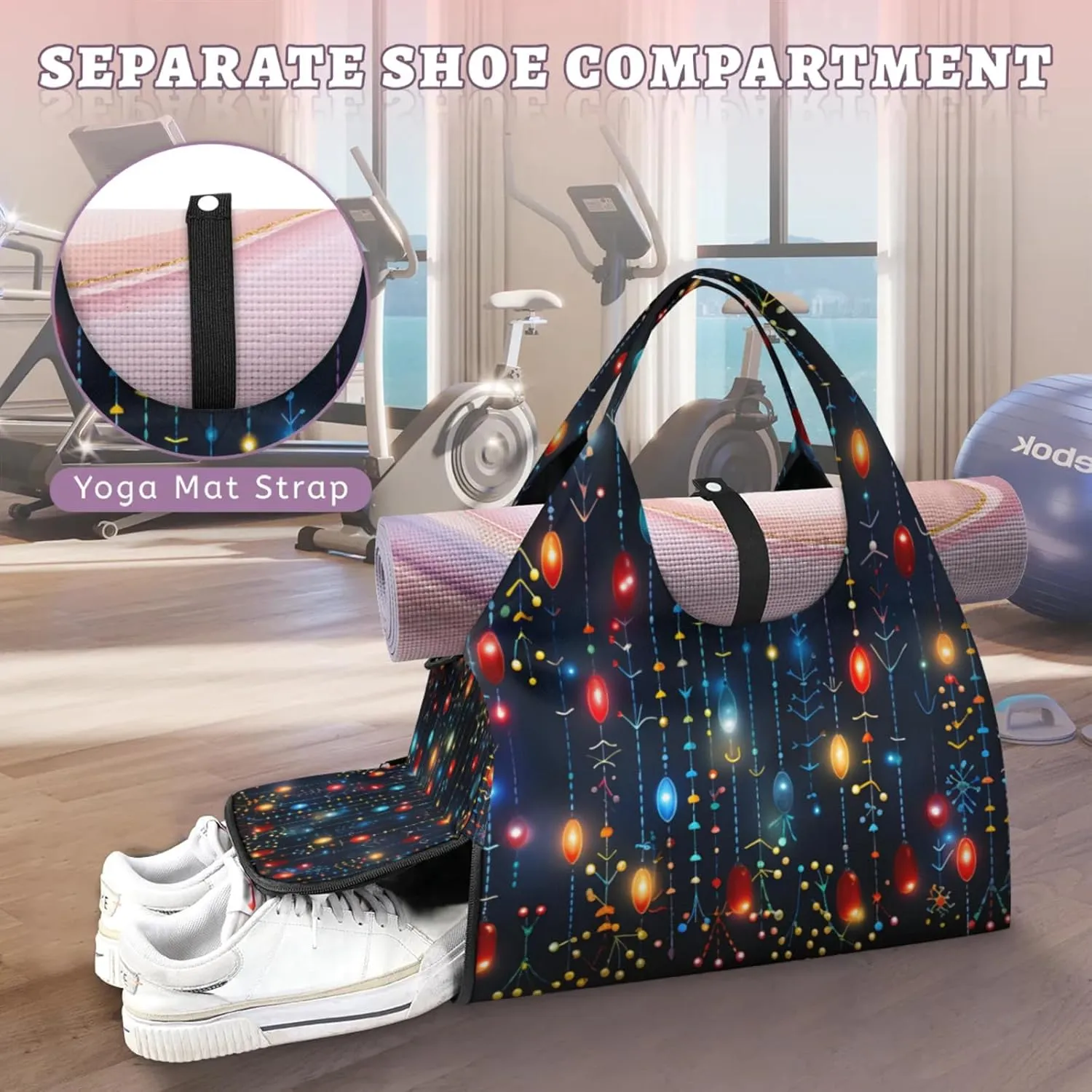Christmas Decorations Lights Gym Bag Yoga Mat Tote for Women with Shoes Compartment Lightweight Duffle Travel Carrier Wet Dry Storage Pockets Adjustable Pilates Mats Shoulder Bags for Sport Swim