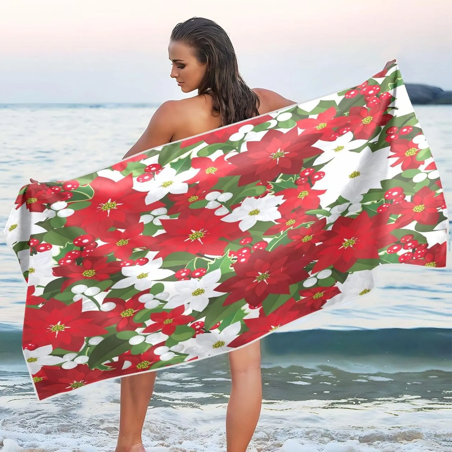 Christmas Flower Red Poinsettia Beach Towels Oversized 71x31in Extra Large Pool Towel with Mesh Storage Bag,Lightweight Sand Free Quick Dry Beach Towel Travel Towel for Swim Bath Yoga Camping G