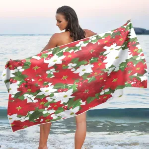 Christmas Flower Red Poinsettia Beach Towels Oversized 71x31in Extra Large Pool Towel with Mesh Storage Bag,Lightweight Sand Free Quick Dry Beach Towel Travel Towel for Swim Bath Yoga Camping G