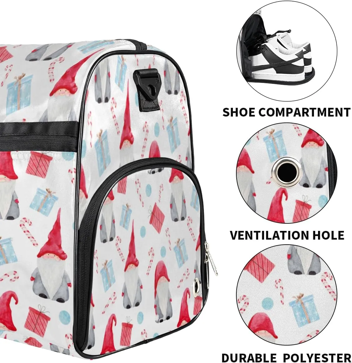 Christmas Gnome Cane Sports Gym Bag for Women Men Travel Duffel Bag with Wet Pocket & Shoes Compartment Waterproof Weekender Overnight Tote Carry on Bag Lightweight