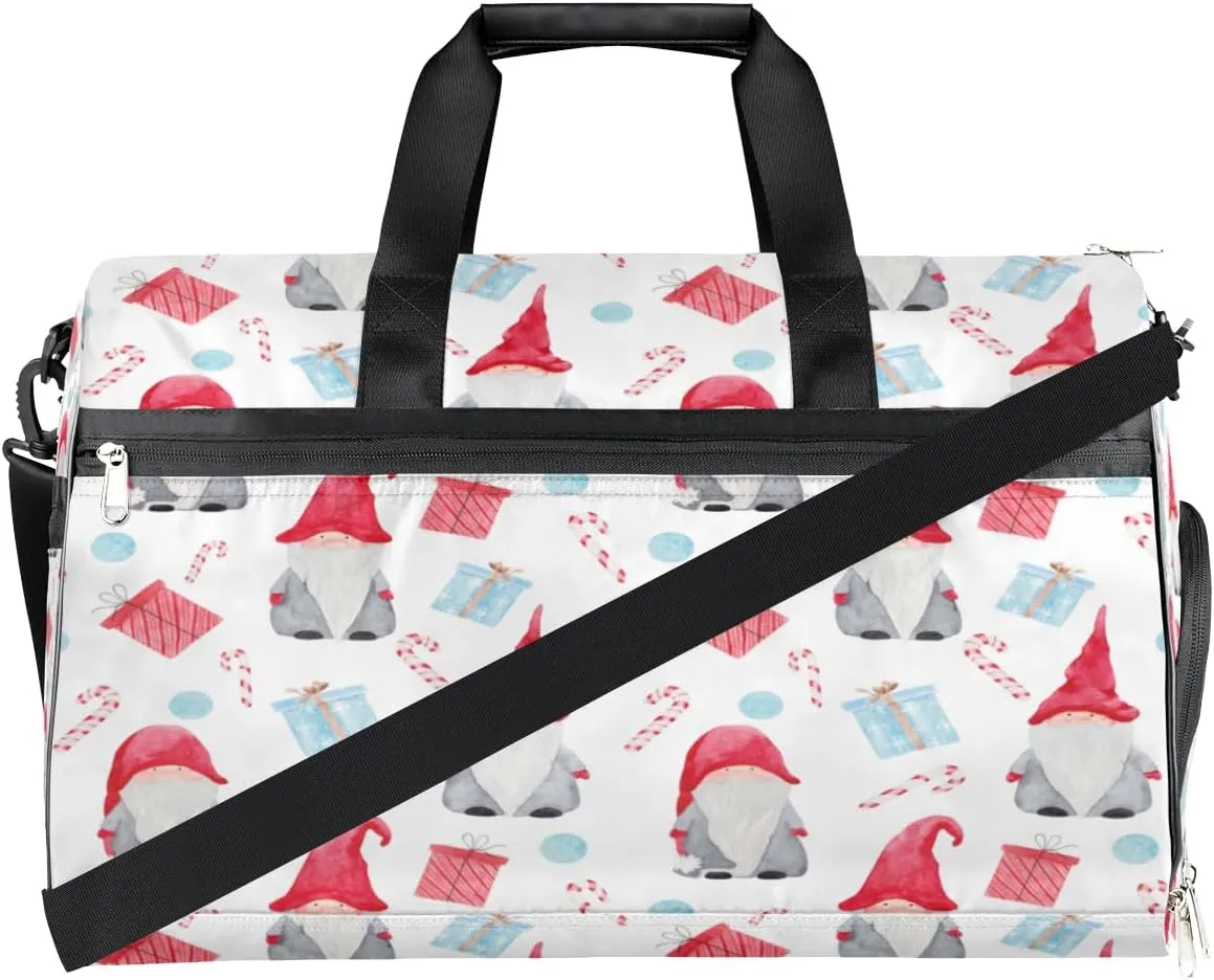 Christmas Gnome Cane Sports Gym Bag for Women Men Travel Duffel Bag with Wet Pocket & Shoes Compartment Waterproof Weekender Overnight Tote Carry on Bag Lightweight