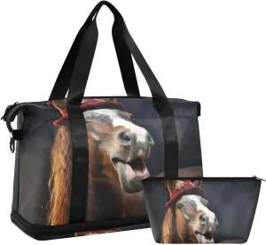 Christmas Hat Horse Duffel Bag Lightweight Carry On Gym Bags for Travel and Weekends, Versatile Overnight Bag with Shoe Compartment