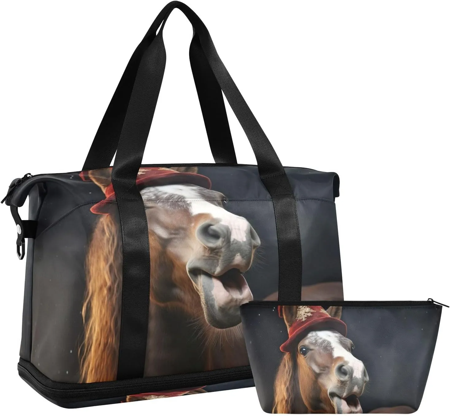 Christmas Hat Horse Duffel Bag Lightweight Carry On Gym Bags for Travel and Weekends, Versatile Overnight Bag with Shoe Compartment