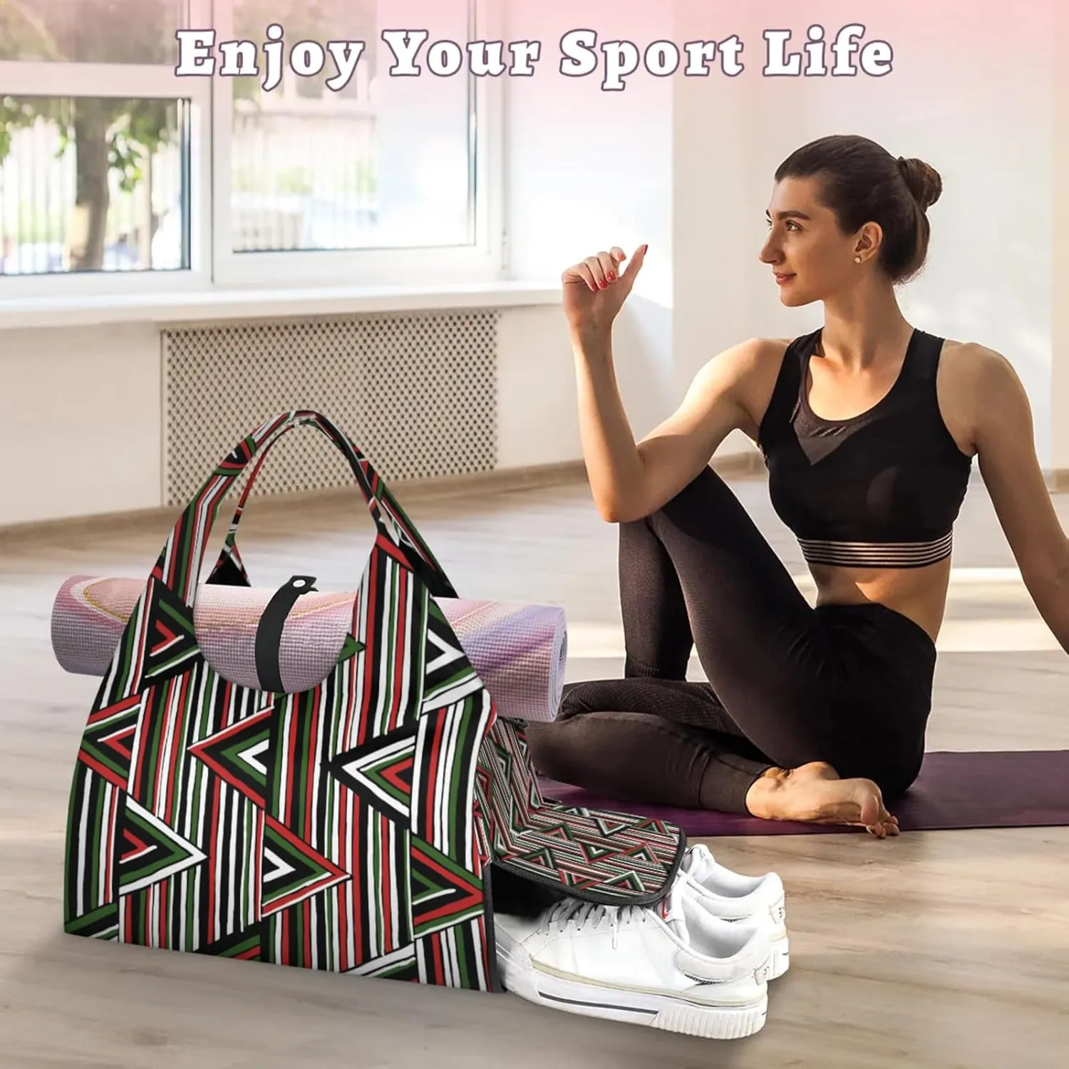 Christmas Lines Shape Gym Bag Yoga Mat Tote for Women with Shoes Compartment Lightweight Duffle Travel Carrier Wet Dry Storage Pockets Adjustable Pilates Mats Shoulder Bags for Sport Swim