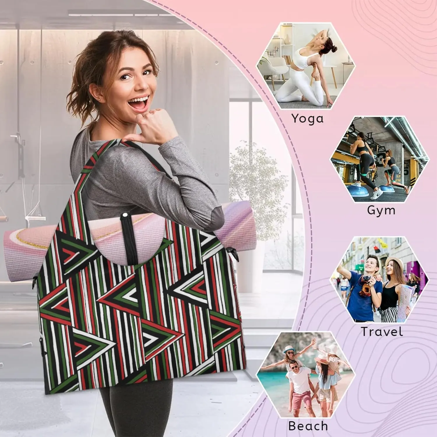 Christmas Lines Shape Gym Bag Yoga Mat Tote for Women with Shoes Compartment Lightweight Duffle Travel Carrier Wet Dry Storage Pockets Adjustable Pilates Mats Shoulder Bags for Sport Swim