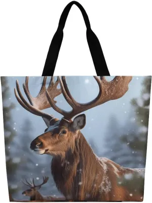 Christmas Winter Deers Tote Bag Large Women Casual Shoulder Bag Reusable Grocery Bag Fasion Handbag for Office Shopping Travel