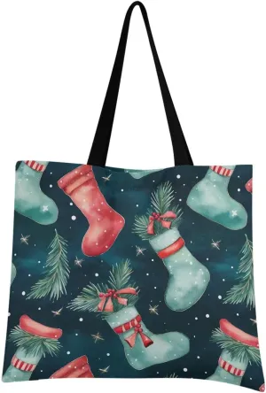 Christmas Winter Stocks Canvas Tote Bag for Women, Reusable Grocery Bag Casual Shoulder Bag for Shopping Travel