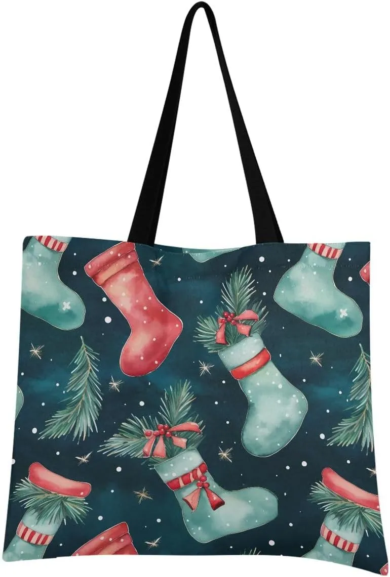 Christmas Winter Stocks Canvas Tote Bag for Women, Reusable Grocery Bag Casual Shoulder Bag for Shopping Travel