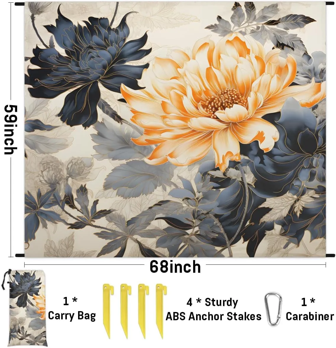 Chrysanthemum Flowers Beach Blanket, Sandproof Beach Mat, 68 x 59 Waterproof Quick Drying Sand Free Mat with 4 x Ground Spikes for Outdoor Travel Camping Hiking, Spring Summer