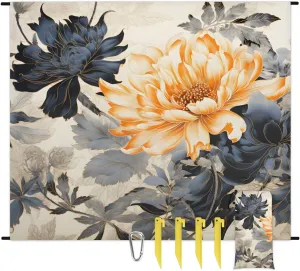 Chrysanthemum Flowers Beach Blanket, Sandproof Beach Mat, 68 x 59 Waterproof Quick Drying Sand Free Mat with 4 x Ground Spikes for Outdoor Travel Camping Hiking, Spring Summer