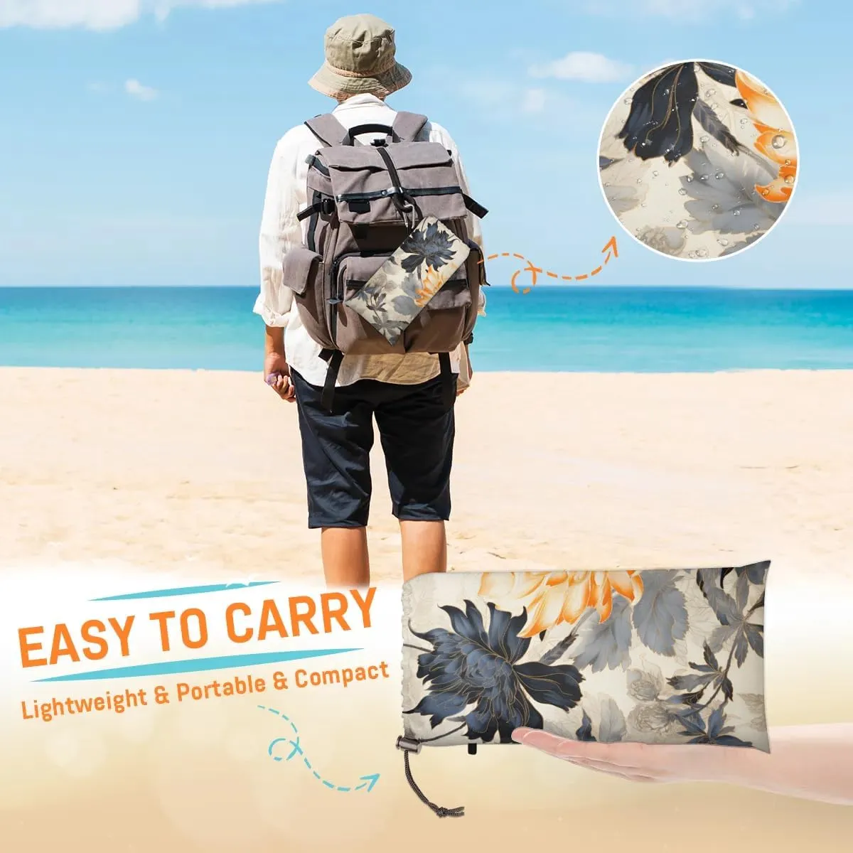 Chrysanthemum Flowers Beach Blanket, Sandproof Beach Mat, 68 x 59 Waterproof Quick Drying Sand Free Mat with 4 x Ground Spikes for Outdoor Travel Camping Hiking, Spring Summer