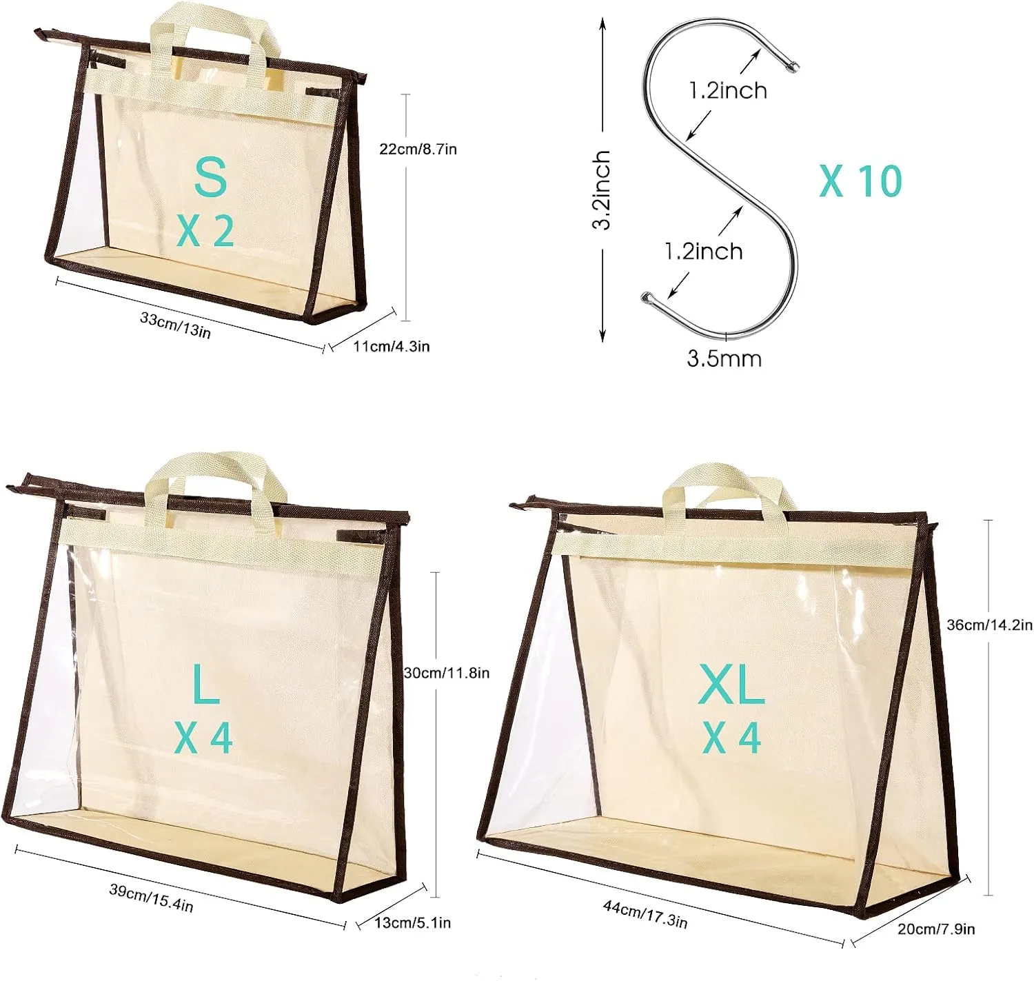 CINPIUK 10 Set Handbag Storage Organizer Dust Bags for Purses Handbags Closet, Clear Purse Protector Storage Bag Dust Cover for Bags, Closet Organizer for Handbags with Hooks