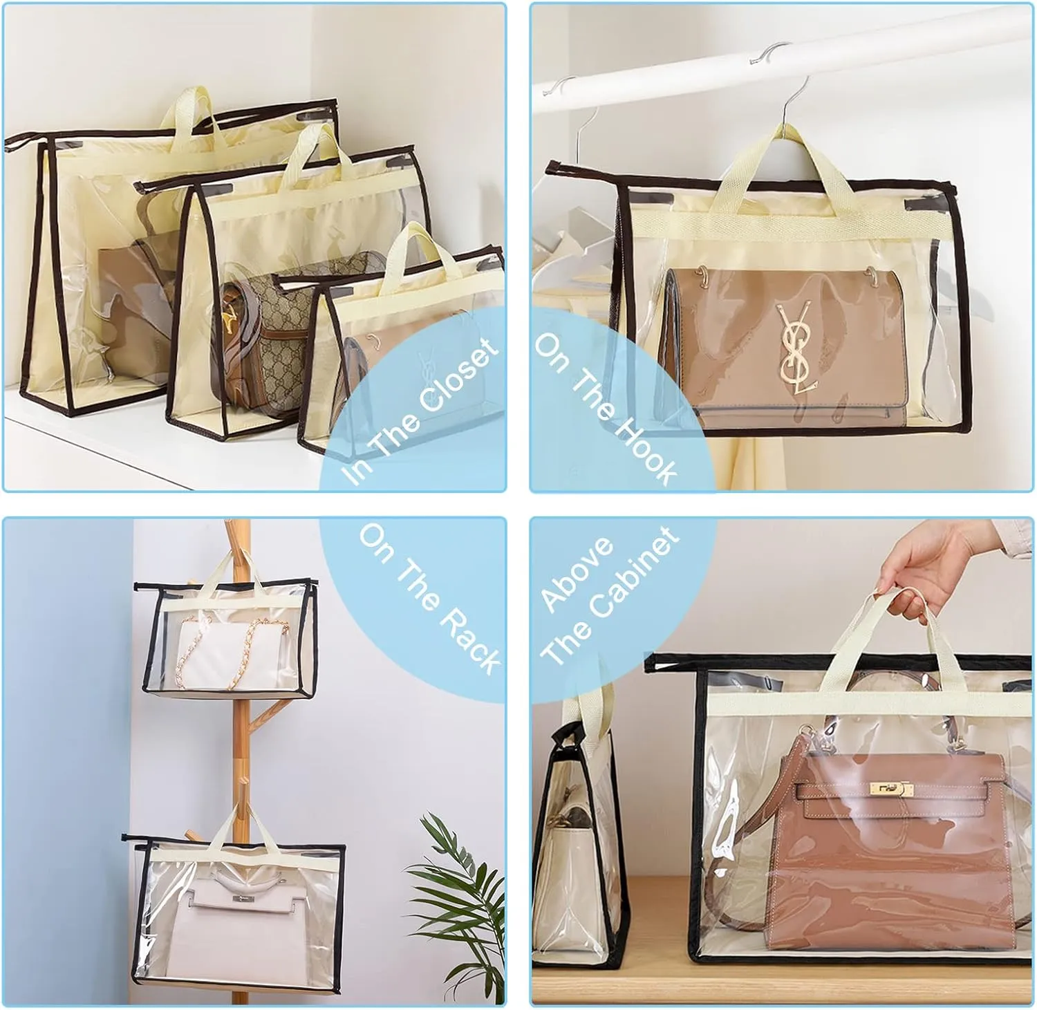 CINPIUK 10 Set Handbag Storage Organizer Dust Bags for Purses Handbags Closet, Clear Purse Protector Storage Bag Dust Cover for Bags, Closet Organizer for Handbags with Hooks